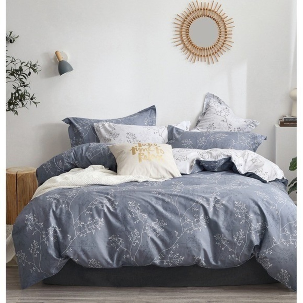 Tracey Blue Gray Foliage Comforter Set Cotton Reversible Farmhouse All‎ Season